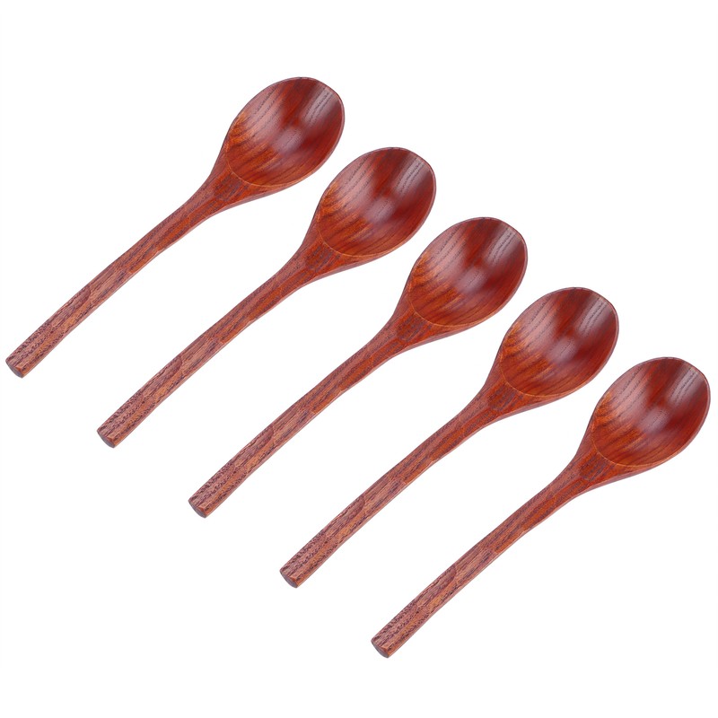 5PCS Japanese Style Wood Spoon Long Handle Soup Spoons Household