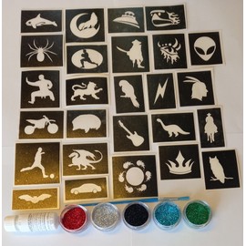Young x 20 tattoo stencil set for glitter tattoos/body art + 5 glitter colours