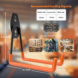 ENUODA Garage Hooks Heavy Duty 6 Pack Ladder Hooks Large Garage Storage Hooks Wall Mount Hanger for Hanging Garden Tools, Power Tools, Bike, Extension Cord, Hose, Chair, Bulk Items, 5.1 Inch