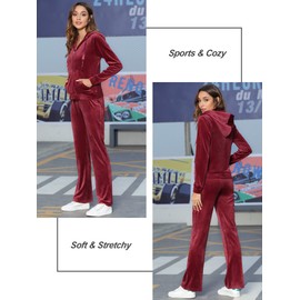 MessBebe Women's 2-Piece Tracksuit Set, Jogging Suit, Velour Sports Suit, Leisure Suit, Hooded Jacket, Long Sleeves, Zip, Long Tracksuit Bottoms for Spring, red