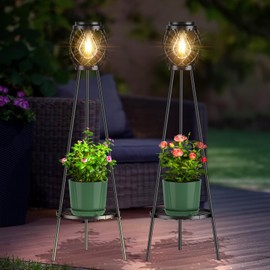 MXwcy 2 Pack Solar Lights Outdoor with LED Edison Bulbs, Vintage Style Solar Floor Lamp with Plant Stands, Weatherproof Garden Lights for Pathway, Patio, Yard, Porch Decor 8-10 Hours Lighting