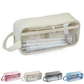 Clear Pencil Case, Clear Exam Pencil Case, Waterproof PVC Zippered Toiletries Storage Pouch, Travel Luggage Pouch Make up Cosmetic Bag (Beige)