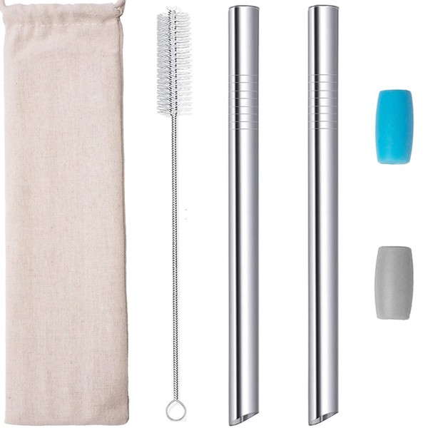 Metal Boba Straws Reusable Smoothies Straws 10" Stainless Steel Straw Angled Tips 0.5" 1/2 In Wide Straw for Jumbo Bubble Tea Milkshakes Milk Tea Tapioca Pearl With Silicone Tips Carry Bag Brush 2 Pcs