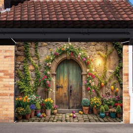 hraiufc Easter Garage Door Cover Decorations Banner Backdrop, 10x8ft, Green, Polyester, Rustic, Floral, Easter, Floral Theme