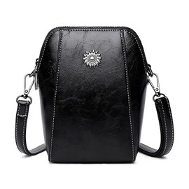 Elmyse Retro Messenger Bag, Leather Vertical Mini Mobile Phone Bag, Ladies Versatile Shoulder And Messenger Bag (Black)
