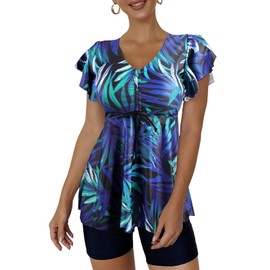 Ecupper Womens Tankini Set Two Piece Swimsuits Drawstring Floral Bathing Suit Short Sleeve Swimdress with Boyshorts Green Leaf 2XL