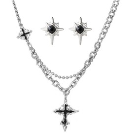 Tomovely Star Gothic Cross Stainless Steel Necklace Earrings Men's Jewelry Set Black Zircon Liquid Metal Pendant