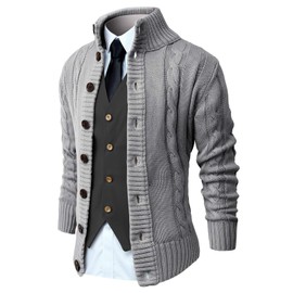 NITAGUT Men's Cardigans Long Sleeve Stand Collar Sweaters Button Down Cable Knitted Sweater(Grey,XL)