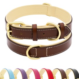 HSIGIO Genuine Leather Dog Collar, Soft Padded Dog Collar Leather, Breathable Heavy Duty Pet Collars with Durable Metal Buckle for Small Medium Large and Extra Large Dogs(M, Brown)
