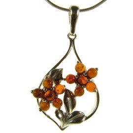 Baltic amber and sterling silver 925 cognac flower leaf pendant necklace with 1mm Italian sterling silver 925 snake chain