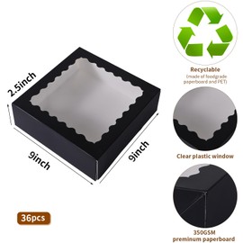 PFAMKEER 36 pcs 9x9x2.5 Inches Bakery Boxes with Window, Cake Pastry Cookie Mini Pie Box for Pastry,Dessert,Strawberries,Chocolates box (Black)
