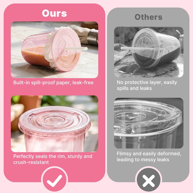 100 Pack Pink Plastic Cups with Lids and Straws 16