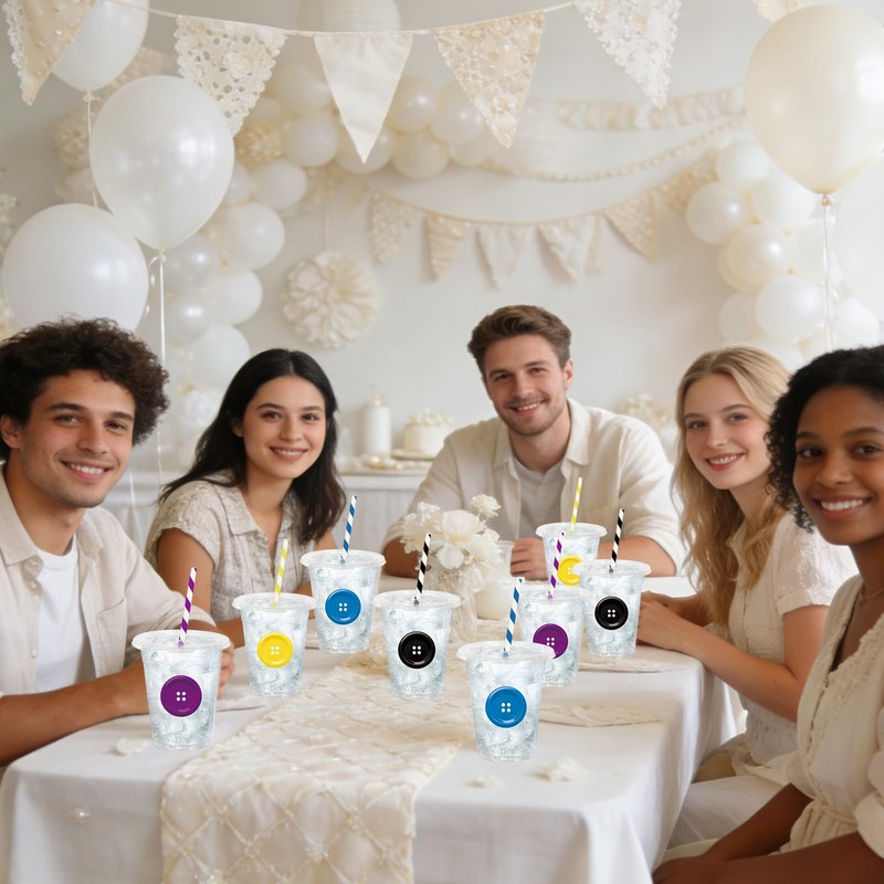 100Pcs Button Party Plastic Cups Disposable Cups with Lids Straws