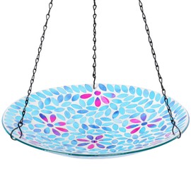 VCUTEKA Hanging Bird Bath, Glass Mosaic Bird Baths for Outdoors Birdfeeder with 21 inch Rust-Proof Chain for Garden Yard Decor, Flower