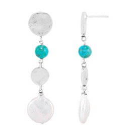 Silpada 'Sending Signals' Sterling Silver Compressed Teal Turquoise and White Freshwater Pearl Drop Earrings