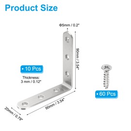 PATIKIL 4 Pcs Metal L-Shape Brackets, 90mm x 90mm (3.5"x3.5") 90 Degree l Bracket Corner Braces Stainless Steel Right Angle Mounts with Screws for Wood Shelves Furniture, Silver
