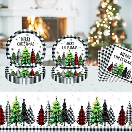 Yontree 41PCS Christmas Party Tableware Set Christmas Tablecloth Christmas Plates Napkins Xmas Dinnerware Christmas Party Supplies(10 Guests), Christmas Tree Pattern