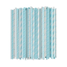 ALINK Biodegradable Light Blue White Paper Straws, Pack of 100 Party Straws for Juice, Cocktail, Smoothies, Birthday, Wedding, Bridal/Baby Shower and Christmas Decorations Supplies