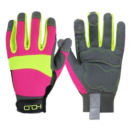 HLDD HANDLANDY Utility Mechanic Working Gloves, Touch Screen Hi-vis Reflective Pink Safety Work Gloves Anti Vibration, Flexible Breathable Yard Work Gloves