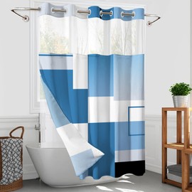 Blue Hookless Shower Curtain Set with Snap in Liner, Blue White Bathroom Decor, 71x74 Inches, Geometric Bathroom Curtain with Liner and See Through Top Window