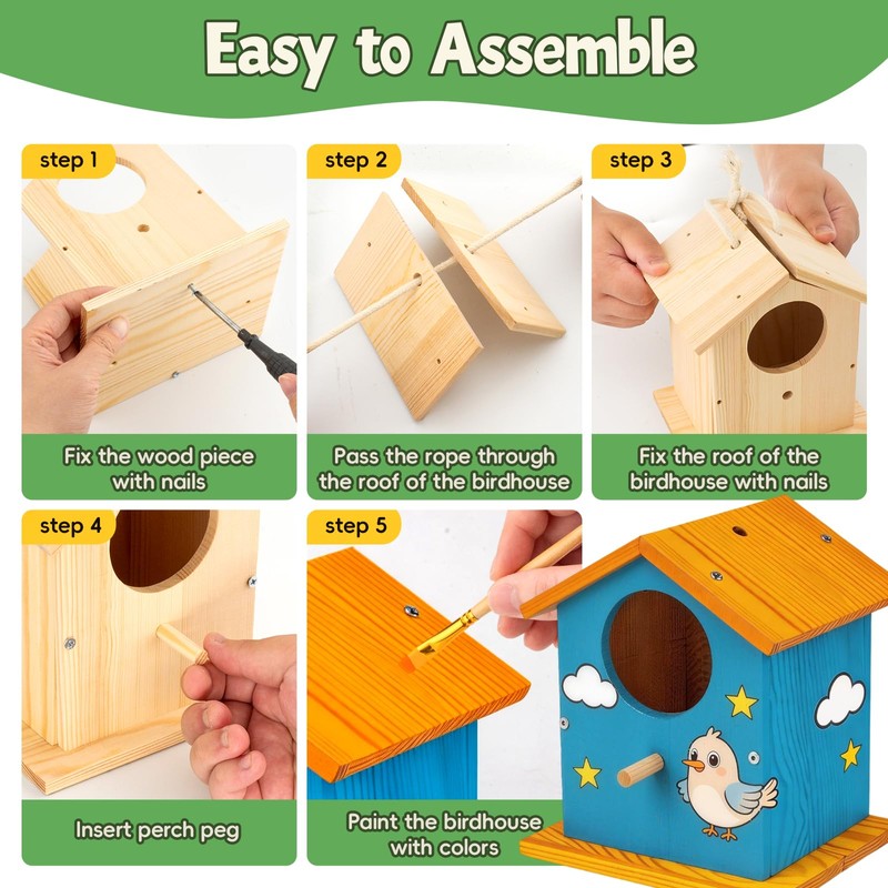 4 Pack Wooden DIY Birdhouse Kit, Art Craft Painting Kit