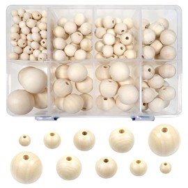 TOAOB 213 Pieces Natural Round Wooden Beads Set 10 to 30 mm Mixed Size Spacer Beads with Box for DIY Jewellery Making