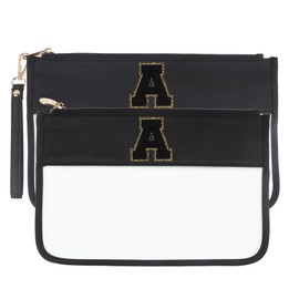 YogoRun Clear Makeup Bag Set 2pcs Glitter Chenille Monogram Snacks Bag Travel Essentials Flat Zipper Pouch Cosmetic Brush Bag for Women (Black Set- A)