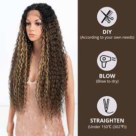Style Icon Highlight Brown 30 Inches Long Deep Curly Wave Lace Front wigs for Women Curly Synthetic Lace Front Wig Wig Middle Part Lace Wig