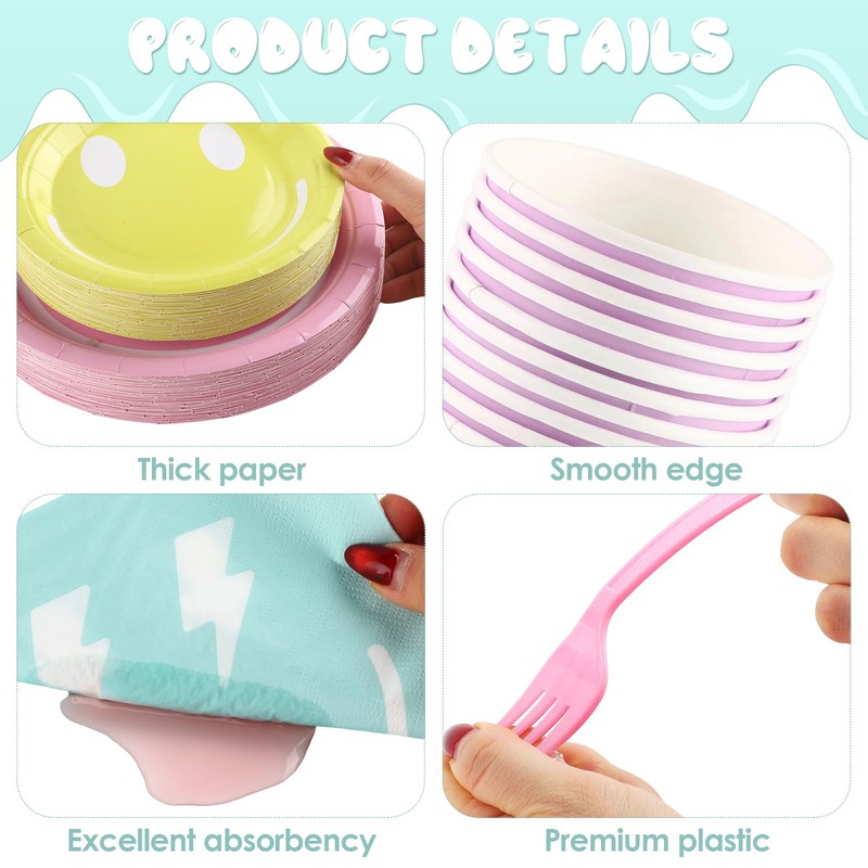 Kochorie 254 Pcs Preppy Smile Face Party Supplies Pastel Tableware