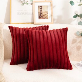 Uhomy Pack of 2 Red Faux Fur Plush Christmas Red Decorative Throw Pillow Covers Soft Fuzzy Striped Pillowcase Cushion Covers for Sofa Couch Bedroom 20x20 inch Burgundy 50cm