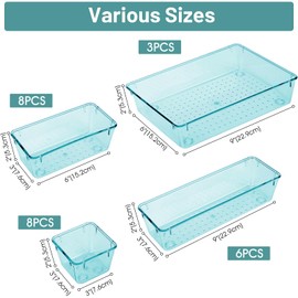 WOWBOX 25 PCS Plastic Drawer Organizer Set, 4 Sizes Desk Drawer Divider Organizers and Storage Bins for Makeup, Jewelry, Gadgets for Kitchen, Bedroom, Bathroom, Office, Sea Blue