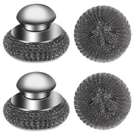 4pcs Steel Wool Scrubber with Replacement Wire Sponge Pads Set, Stainless Steel Scrubber with Handle for Scouring Stubborn Messes from Cast Iron, Pots, Pans, Grill, Stoves, Sink(2 Scrubber+2 Pads)