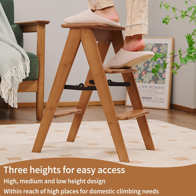 JIKUGO Foldable Step Stool Bamboo,3 Step Ladder with Wide Anti-Slip