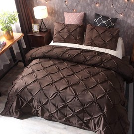 Feelyou Pinch Pleated Duvet Cover with Zipper Closure Pintuck Comforter Cover Set Twin Size Luxurious Pintuck Tufted Bedding Set Solid Coffee Microfiber Bedspread Cover with 1 Pillow Shams Soft