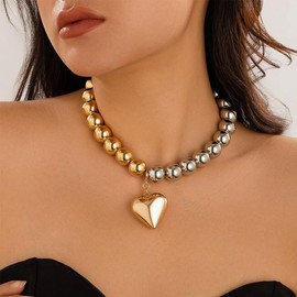 Chunky Heart Necklace Gold Silver Plated Heart Choker Necklace for Women Men Trendy Valentine's Day Jewelry