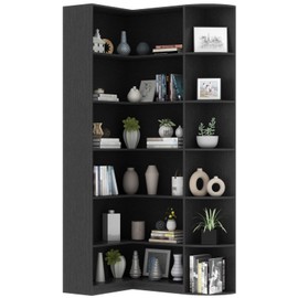 Loomie Black Book Shelf, 6 Tiers Shelf Large Tall Corner Etagere Bookcase with Full Baffle, L-Shaped Modern Storage Display Industrial Bookshelves for Bedroom, Home Office, Living Room & Kitchen,Black