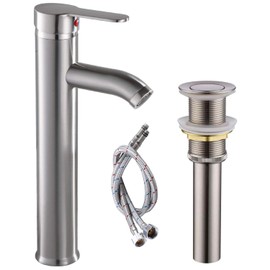 Bathroom Vessel Bowl Sink Faucet Single Handle Brushed Nickel Lavatory Vanity Mixer Bar Tap with Pop Up Drain Tall Spout Single Hole Deck Mount
