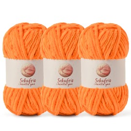 3 Pack Chunky Chenille Yarn for Crocheting, Baby Yarn for Crocheting Soft Blanket, 262.4 yds /10.5 oz Crochet Yarn, Bulky 5 Amigurumi Yarns, Fluffy Velvet Yarns for Knitting Crafts (3 Orange)