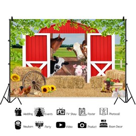 Pnylzzyxh Red Rustic Barn Animals Haystack Backdrop Farm House Scene Birthday Backdrop Kids Farm Baby Shower Tablecloth Children Baby Shower Banner Newborn Baby Party Photo Booth Props 10x8ft