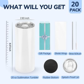 D·S 20 Pack Sublimation Tumblers 20 oz Bulk Skinny Straight Flat Bottom Blank Tumbler Cups with Individual Gift Boxed for Heat Transfer DIY Craft