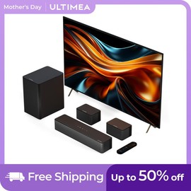 ULTIMEA Poseidon D50 5.1-Channel Surround Sound Bar with 320W Peak Power. Includes 2 surround speakers, Bluetooth subwoofer, and audio for immersive smart TV, home theater, & PC gaming experiences.Springtok.Smartphone Cinematic Feel Remote Control