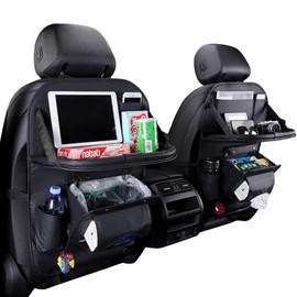 HURESON Upgraded Car Back Seat Organizer with Trash Can Foldable Table Tray Tissue Holder Backseat Car Organizer Kick Mats Back Seat Protector for Kids (trash black 2pcs)