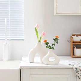 Ceramic Vases for Home Decor, Set of 2 White Ceramic Vases, Large Ceramic Vases, Boho Vases, Decorative Vases, Modern Vases, White Matte Vases for Living Room, Office, Shelf, Mantel, Table, Fireplace