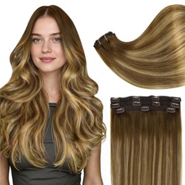 Full Shine Seamless Hair Extensions Clip in 20 Inch Ombre Brown and Medium Brown Highlight Blonde Hair Extension Clip ins Long Silky Straight Brazilian Hair for Long Hair 60 Grams 3 PCS