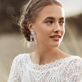 EVER FAITH Rectangle Clip-on Drop Earrings for Women, Sparkly Rhinestone Crystal Geometric Statement Non Pierced Earrings Iridescent Clear AB Gold-Tone