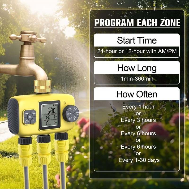Generic 3 Zone Sprinkler Timer, 3 Outlets Programmable Water Hose