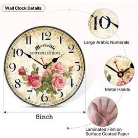 Toudorp Vintage French Floral Wall Clock with Pink Rose Pattern Small Round Silent Non-Ticking Quartz Movement 8 inches Wall Clocks Battery Operated Home Flower Decorative for Bedroom,Living Room
