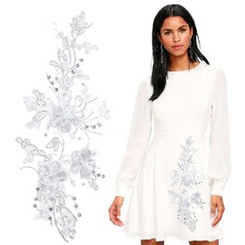 letsinstyle 2 Pcs Rhinestone Flower Lace Appliques, Sequins Beaded Embroidery Patch, White Floral Embroidered Applique Luxury Bead Sewing Patch for Wedding Bridal Gown Clothing Decor