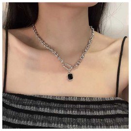 Allereya Square Onyx Pendant Necklace Black Onyx Choker Necklace Square Gemstone Necklace Punk Silver Paper Clip Chain Necklace Jewellery for Women and Girls, Alloy Steel, Onyx