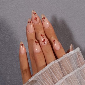 KQueenest Cat Eye Press on Nails Almond Medium, Bling Gold French Tip False Nails with Glue, Sparkly Fake Nails Press ons with Cherry Design, Reusable Soft Gel Stick on Nail for Women, 30 Pcs